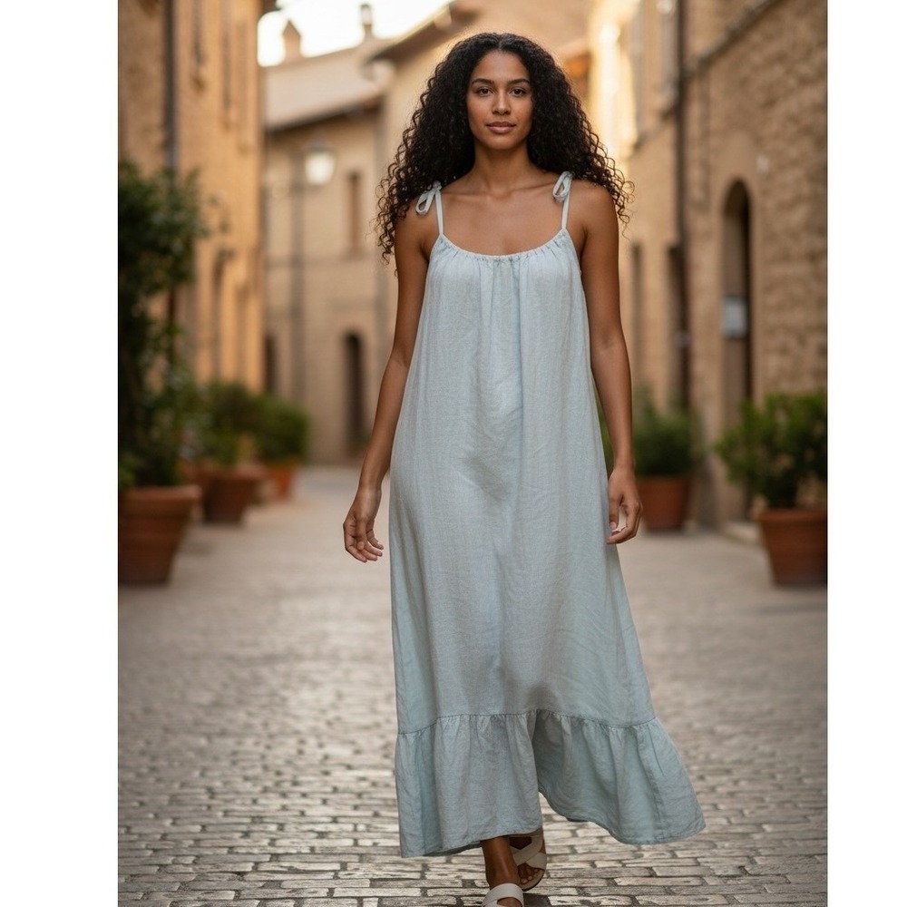 Chocolate Preppy Italian Linen Maxi Dress OS Light Blue Tie Strap Ruffle Hem